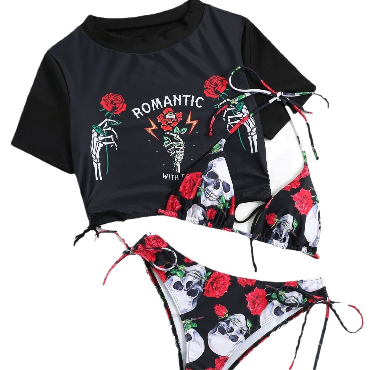 Wholesale Explosions Sexy Ladies Swimsuit Three-piece Set Rose Skull Fixed Edition Printing